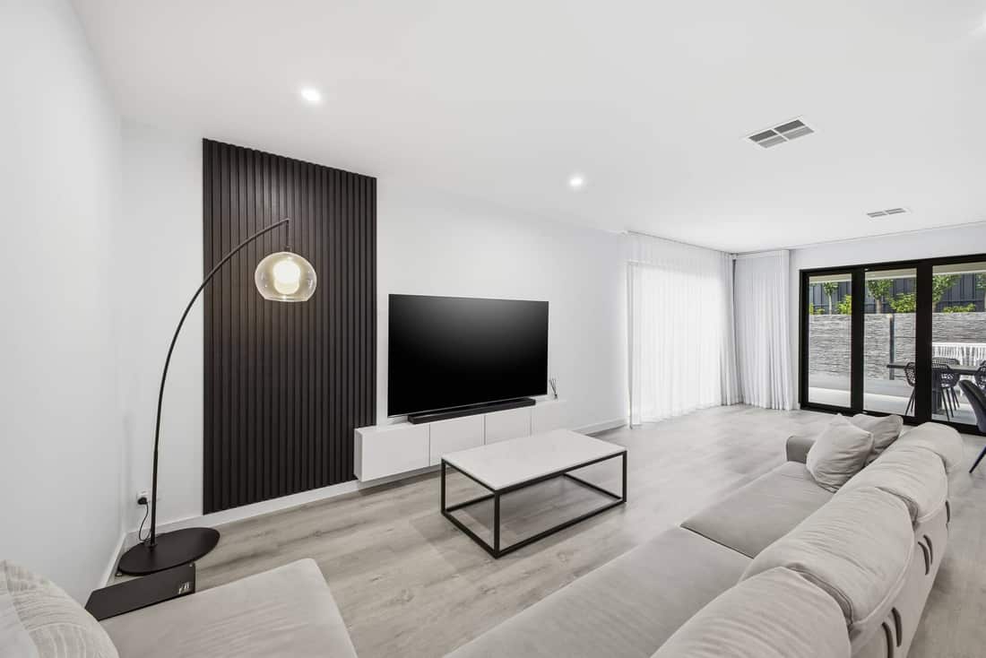 Monochrome kitchen and island bench — 15a Perseverance Road, interior photography Adelaide
