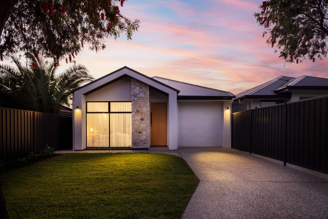 Modern cottage facade at dusk — 8B Graham Street, twilight photography Adelaide